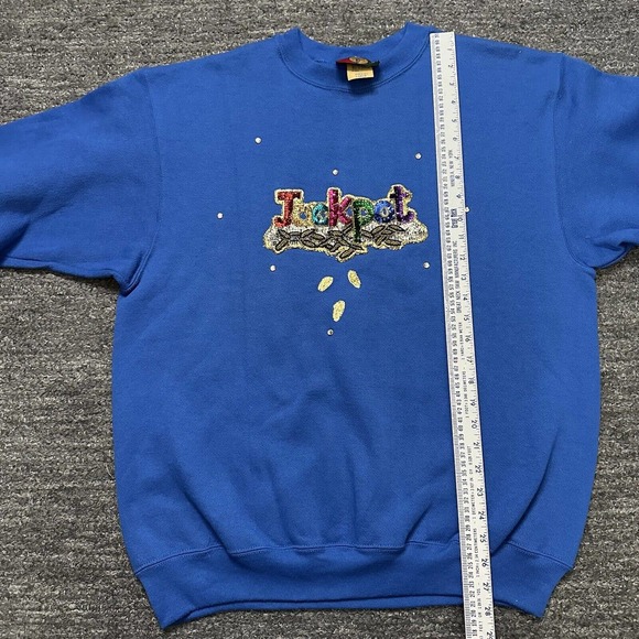 Vintage Jostens Sportswear Jackpot Sweatshirt Large Blue Sequins Casino USA 90s - Picture 9 of 12